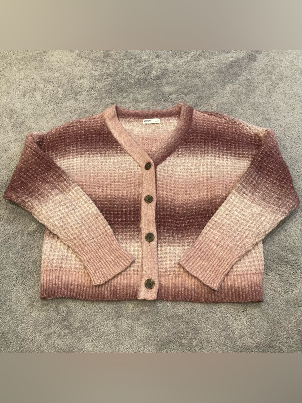 Ombré Berry Mauve Waffle Knit Button Cardigan Sweater Women’s XL Hipster Yarn